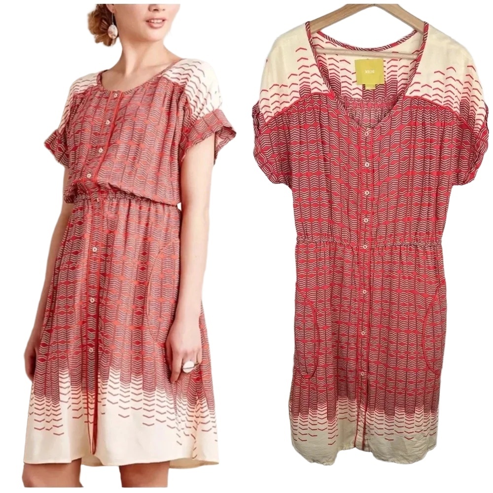 Maeve Anthropologie Orange Red Geometric Veronia Shirt Dress Knee Length Size M